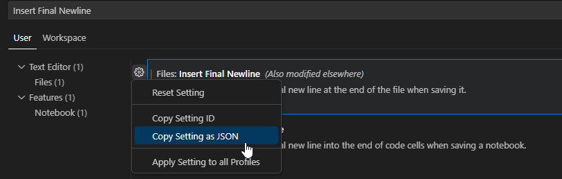 Copy a setting as JSON